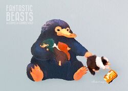  artist_name commentary_request copyright_name fantastic_beasts_and_where_to_find_them fur_trim grey_background jippei niffler no_humans short_hair sitting tail wizarding_world 