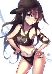  &gt;:) ;) akatsuki_(kancolle) anchor_symbol armpits bare_shoulders black_eyes black_hair blush buruma commentary_request contrapposto cowboy_shot eyes_visible_through_hair female hair_between_eyes hands_on_own_hips hat kantai_collection kuzu_(miduhana) long_hair midriff navel one_eye_closed smile solo sports_bra standing v-shaped_eyebrows very_long_hair 