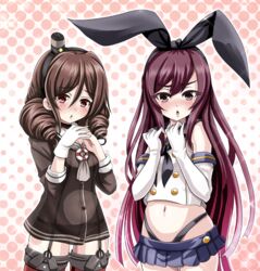  :o amatsukaze_(kantai_collection) amatsukaze_(kantai_collection)_(cosplay) bikini black_hat black_neckwear black_ribbon blue_skirt blush brown_hair brown_shirt buttons chestnut_mouth cosplay drill_hair elbow_gloves eyebrows eyebrows_visible_through_hair garter_straps gloves hair_ribbon hairband halftone halftone_background harukaze_(kantai_collection) hat kamikaze_(kantai_collection) kantai_collection long_hair long_sleeves looking_at_viewer mini_hat miniskirt multiple_girls navel neckerchief open_mouth own_hands_together pleated_skirt purple_eyes purple_hair red_eyes revision ribbon school_uniform see-through serafuku shimakaze_(kantai_collection) shimakaze_(kantai_collection)_(cosplay) shirt single_glove skirt sleeve_cuffs sleeveless sleeveless_shirt sparkle standing stomach swimsuit thigh_strap thong_bikini tk8d32 twin_drills twintails very_long_hair white_gloves white_shirt 