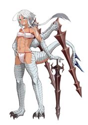  airu_zweihander bare_shoulders belt_bra blue_eyes bra breasts claws commentary_request dragon_girl dragon_tail female floating_hair full_body grey_hair grin highres hitokuirou long_hair looking_at_viewer monster_girl original panties pointy_ears simple_background small_breasts smile solo standing tail underwear white_background white_bra white_panties wings 