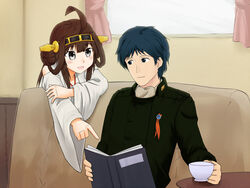  1boy :d ahoge badge blue_hair book brown_hair chair closed_mouth commentary_request couch cup curtains detached_sleeves female ginga_eiyuu_densetsu holding holding_book holding_cup kantai_collection kongou_(kancolle) long_sleeves m1903 military military_uniform nontraditional_miko on_couch open_book open_mouth pointing sitting smile teacup uniform wide_sleeves yang_wen-li 