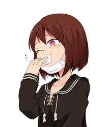  applying_gag breasts brown_hair commentary_request cross-laced_clothes female full_mouth gag gagged holding hoojiro_(found1093) long_sleeves mask mouth_mask one_eye_closed original photoshop_(medium) pink_eyes sailor_collar school_uniform self_bondage serafuku simple_background small_breasts solo surgical_mask sweatdrop translated unworn_mask white_background 