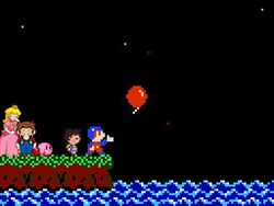  3boys animal_crossing artist_request balloon balloon_fight balloon_fighter black_hair blonde_hair commentary company_connection crossover dress english_commentary female iwata_satoru kirby kirby_(series) mario mario_(series) mother_(game) mother_2 multiple_boys multiple_crossover ness_(mother_2) night night_sky nintendo ocean outdoors pink_dress pixel_art princess_peach sky star_(sky) starry_sky super_mario_bros._1 