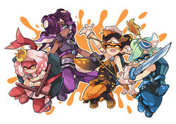  +_+ 4girls callie_(splatoon) cephalopod_eyes commentary cosplay crop_top dark-skinned_female dark_skin donatello_(tmnt) donatello_(tmnt)_(cosplay) english_commentary gloves gomipomi green_eyes hair_over_one_eye inkling leonardo_(tmnt) leonardo_(tmnt)_(cosplay) looking_at_another marie_(splatoon) marina_(splatoon) mask michelangelo_(tmnt) michelangelo_(tmnt)_(cosplay) midriff mole mole_under_mouth multiple_girls navel octoling pearl_(splatoon) photoshop_(medium) pointy_ears raphael_(tmnt) raphael_(tmnt)_(cosplay) smile splatoon_(series) splatoon_2 staff sword symbol-shaped_pupils teenage_mutant_ninja_turtles tentacle_hair tonfa weapon yellow_eyes 