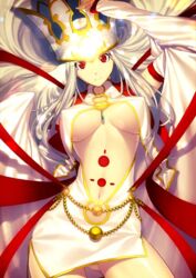  arm_up ass_visible_through_thighs between_breasts breast_curtains breasts bridal_gauntlets closed_mouth contrapposto covered_nipples cowboy_shot crown detached_sleeves dress fate/grand_order fate_(series) female hat high_collar irisviel_von_einzbern irisviel_von_einzbern_(caster) jewelry long_hair long_sleeves looking_at_viewer medium_breasts navel necklace official_art red_eyes red_ribbon ribbon shima_udon smile solo standing stomach very_long_hair white_dress white_hair white_hat 