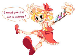  ascot blonde_hair blue_eyes commentary_request cosplay dress english_text engrish_text extra_eyes eye_socket female flandre_scarlet flandre_scarlet_(cosplay) frilled_dress frilled_socks frills full_body gameplay_mechanics gloves hat mary_janes mechanical_arms nappooz outstretched_arms peacock_(skullgirls) pink_eyes puffy_sleeves ranguage red_eyes sharp_teeth shoes short_hair side_ponytail simple_background skullgirls socks solo speech_bubble spread_arms teeth touhou typo white_background white_gloves 