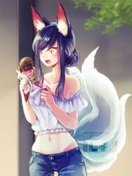  :d ahri_(league_of_legends) alternate_costume alternate_hairstyle animal_ears artist_name blue_hair casual commentary_request contemporary crop_top facial_mark female food fox_ears fox_tail groin hair_bun ice_cream ice_cream_cone league_of_legends looking_down midriff mizoreame multiple_tails navel oerba_yun_fang off_shoulder open_mouth short_sleeves sidelocks single_hair_bun slit_pupils smile solo swept_bangs tail whisker_markings yellow_eyes 