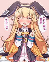  :d animal_ears blonde_hair cape closed_eyes commentary_request copyright_request crescent double_v eyebrows female hairband kounosu_satori long_hair open_mouth rabbit_ears smile solo translated v 