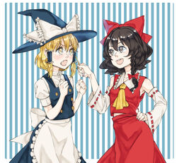  2girls alternate_hairstyle apron ascot bad_id bad_pixiv_id blonde_hair bow braid brown_eyes brown_hair detached_sleeves grabbing_another&#039;s_hair hair_tubes hairbow hairstyle_switch hakurei_reimu hat highres kirisame_marisa long_hair looking_at_another multiple_girls nappooz oerba_yun_fang ribbon short_hair side_braid striped striped_background touhou waist_apron witch_hat yellow_eyes 