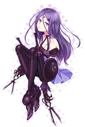  bare_shoulders commentary drag-on_dragoon drag-on_dragoon_3 female long_hair looking_at_viewer pantyhose photoshop_(medium) purea purple_eyes purple_hair scissors shield solo three_(drag-on_dragoon) 