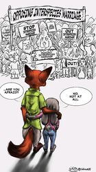  angry anthro barefoot bigotry bottomwear bovid canid canine caprine clothed clothing colored crowd dialogue disney domestic_cat domestic_pig domestic_sheep duo_focus english_text european_rabbit feet felid feline felis female fox frown fully_clothed fur grey_body grey_fur group interspecies judy_hopps koala lagomorph leporid male male/female mammal marsupial mitoro mouse murid murine necktie nick_wilde oryctolagus pants plantigrade predator/prey profanity protest rabbit red_fox rodent romantic romantic_couple sheep shirt shocked simple_background speciesism suid suina surprise sus_(pig) text topwear totolove35 translated true_fox vombatiform white_background zootopia 