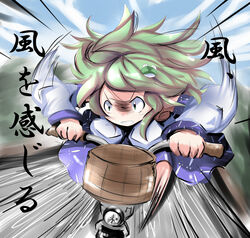  basket bicycle blue_eyes blush breasts commentary_request detached_sleeves female frog_hair_ornament green_hair hair_ornament hair_tubes kikurage_(sugi222) kochiya_sanae large_breasts long_hair riding skirt solo touhou 