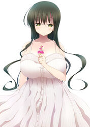  bare_shoulders black_hair blush breasts cleavage dress female flower green_eyes huge_breasts hyuuga_takashi iwato_kasumi long_hair looking_at_viewer saki simple_background smile solo 