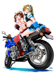  2girls absurdres animal_ears brown_hair cat_ears commentary_request green_eyes headphones highres idolmaster idolmaster_cinderella_girls maekawa_miku midriff motor_vehicle motorcycle multiple_girls open_mouth short_hair simple_background tada_riina takuji_yuusaku 