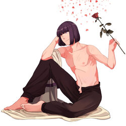  1boy barefoot commentary flower full_body lyxu male_focus one_eye_closed pants photoshop_(medium) purple_eyes purple_hair red_flower red_rose rose scratches sitting slayers smile solo topless_male white_background xelloss 