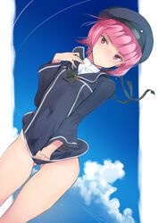  1boy bad_id bad_pixiv_id bottomless coin_rand commentary_request covering_crotch covering_privates genderswap_(ftm) hat kantai_collection male_focus otoko_no_ko pink_eyes pink_hair rule_63 shirt_tug solo thigh_gap wind wind_lift z3_max_schultz_(kancolle) 