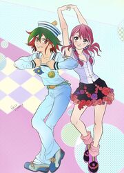  arms_up autumn-sacura blue_eyes braid breasts cleavage collarbone cosplay dixie_cup_hat dyed_bangs english_commentary flower_skirt green_hair hair_bobbles hair_ornament hat higashikata_josuke_(jojolion) higashikata_josuke_(jojolion)_(cosplay) hiiragi_yuzu hirose_yasuho hirose_yasuho_(cosplay) jojo_no_kimyou_na_bouken jojo_pose jojolion medium_breasts military_hat multicolored_hair pink_hair pose red_eyes red_hair sailor sakaki_yuya shirt_grab skirt smile stretching twin_braids two-tone_hair yu-gi-oh! yu-gi-oh!_arc-v 