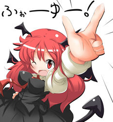  bat_wings breasts commentary_request demon_girl demon_tail female head_wings kikurage_(sugi222) koakuma long_hair long_sleeves medium_breasts necktie one_eye_closed open_mouth perky_breasts red_eyes red_hair red_necktie shirt skirt skirt_set smile solo tail touhou v vest wings 