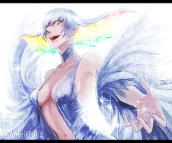  breasts commentary_request dated female flipped_hair fur_trim kill_la_kill kiryuuin_ragyou letterboxed mature_female medium_breasts meroz multicolored_hair photoshop_(medium) rainbow_hair short_hair smile solo watermark web_address white_hair yellow_eyes 