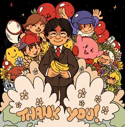  6+boys animal animal_crossing balloon balloon_fight balloon_fighter banana baseball_cap black_hair blonde_hair blue_helmet blue_pikmin brown_jacket brown_pants brown_suit butterfly_net canine closed_eyes closed_mouth collared_shirt commentary company_connection controller crossover doshin_(doshin_the_giant) doshin_the_giant earth_(planet) eggerland english_text facing_viewer female flower food formal fruit game_controller glasses globe green_hat hal_laboratory hand_net hat helmet holding holding_food holding_fruit inutamago iwata_satoru jacket kirby kirby_(series) link lolo_(eggerland) long_sleeves looking_at_viewer mother_(game) mother_2 multiple_boys multiple_crossover mushroom musical_note necktie ness_(mother_2) nintendo olimar open_mouth pants pikachu pikmin_(creature) pikmin_(series) planet pointy_ears pokemon pokemon_(creature) power-up red_hat red_necktie red_pikmin sherwind shirt short_hair sky smile space_helmet star_(sky) suit super_mushroom super_smash_bros. teeth thank_you the_legend_of_zelda the_legend_of_zelda:_the_wind_waker toon_link upper_teeth_only v villager_(animal_crossing) white_shirt wii_remote yellow_pikmin 