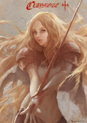  armor blonde_hair cape claymore_(series) commentary_request copyright_name female grey_eyes light_smile long_hair painterly photoshop_(medium) simple_background solo sword teresa_(claymore) weapon yinwoeren 