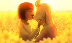  5:3 asriel_dreemurr atlas-white boss_monster_(undertale) bovid caprine closed_eyes duo flower frisk_(undertale) fur goat human long_ears mammal plant undertale undertale_(series) white_body white_fur 