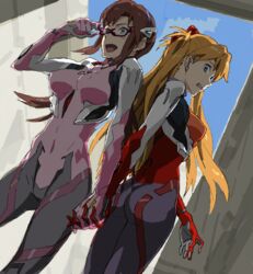  2girls adjusting_eyewear ass baariya bad_drawr_id bad_id bodysuit breasts brown_hair dutch_angle evangelion:_3.0_you_can_(not)_redo glasses hair_ornament holding_hands interlocked_fingers long_hair makinami_mari_illustrious medium_breasts multiple_girls neon_genesis_evangelion oekaki orange_hair plugsuit rebuild_of_evangelion skin_tight souryuu_asuka_langley 