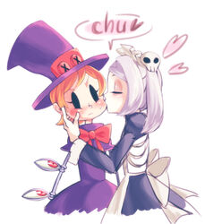  2girls apron bloody_marie_(skullgirls) blush bow closed_eyes commentary_request extra_eyes eye_socket hair_ornament hand_on_another&#039;s_face hat heart kissing kissing_cheek maid maid_headdress mechanical_arms multiple_girls nappooz orange_hair peacock_(skullgirls) red_eyes short_hair simple_background skull skull_hair_ornament skullgirls sound_effects speech_bubble sweat top_hat twintails white_background 