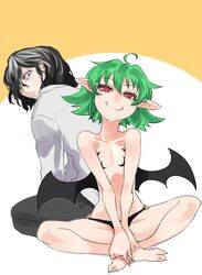  1boy ahoge ajino_(sakanahen) black_hair commentary_request demon_girl demon_wings female green_hair highres looking_at_viewer oerba_yun_fang pasties pointy_ears red_eyes sakuma_(yuuutsu-kun_to_succubus-san) shirt short_hair sitting wings yuu_(yuuutsu-kun_to_succubus-san) yuuutsu-kun_to_succubus-san 