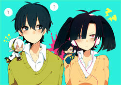  2boys 2girls ? bad_id bad_pixiv_id black_hair blush ene_(kagerou_project) enomoto_takane headphones kagerou_project kokonose_haruka konoha_(kagerou_project) long_hair meiji_(meeeeji) mole mole_under_eye multiple_boys multiple_girls red_eyes school_uniform short_hair twintails white_hair yuukei_yesterday_(vocaloid) 