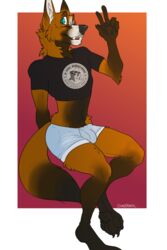  2:3 anthro bambii_dog blue_eyes bottomwear brown_body brown_fur bulge canid canine clothing crop_top cross_fox eyewear fangs fox fuchstraumer fur gesture glasses hand_gesture hotpants looking_at_viewer mammal open_mouth orange_body orange_fur pose red_fox shirt shorts simple_background sitting solo teeth topwear true_fox v_sign waving 