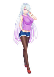  absurdres arm_behind_back armband bad_id bad_pixiv_id bare_shoulders blue_hair blue_shorts bracelet breasts brown_pantyhose closed_mouth denim denim_shorts female full_body gradient_hair groin hair_over_one_eye hand_up high_heels highres impossible_clothes impossible_vest jewelry large_breasts long_hair looking_at_viewer midriff multicolored_hair navel pantyhose pantyhose_under_shorts pink_hair pixiv&#039;s_virtual_youtuber_audition purple_eyes purple_vest red_footwear short_shorts shorts sidelocks simple_background smile solo standing taut_clothes very_long_hair vest virtual_youtuber white_background wristband yuunagi_(0217) 