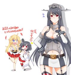  +++ 3girls :d ^^^ ahoge asymmetrical_legwear bare_shoulders black_hair blonde_hair blue_eyes breasts cleavage commentary_request cosplay costume_switch detached_sleeves fingerless_gloves fusou_(kancolle) fusou_(kancolle)_(cosplay) garter_straps gloves hair_ornament hair_ribbon hand_on_own_hip headgear iowa_(kancolle) iowa_(kancolle)_(cosplay) kantai_collection kuon_(nokokopopo) large_breasts long_hair long_sleeves looking_at_viewer low_ponytail miniskirt mismatched_legwear multiple_girls navel nontraditional_miko open_mouth pleated_skirt red_eyes ribbon simple_background skirt smile standing standing_on_one_leg star-shaped_pupils star_(symbol) surprised sweat symbol-shaped_pupils thighhighs translated v-shaped_eyebrows white_background yamashiro_(kancolle) zettai_ryouiki 