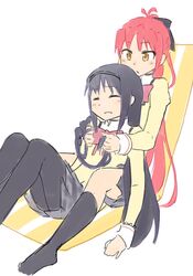  2girls :o akemi_homura antenna_hair black_bow black_hair black_socks blush bow braid braiding_hair chair commentary_request folding_chair hair_ribbon hairband hairbow hairdressing leaning_on_person long_hair long_sleeves mahou_shoujo_madoka_magica mahou_shoujo_madoka_magica_(anime) mitakihara_school_uniform multiple_girls pantyhose parted_lips pleated_skirt ponytail red_hair ribbon sakura_kyoko school_uniform simple_background sitting sitting_on_lap sitting_on_person skirt sleeping socks sweatdrop uasi white_background yellow_eyes 