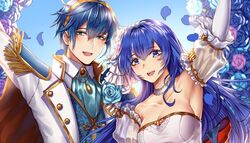  1boy bad_id bad_twitter_id bare_shoulders blue_eyes blue_hair blush bouquet breasts bridal_veil bride caeda_(bridal)_(fire_emblem) caeda_(fire_emblem) cape cleavage couple dress elbow_gloves female fire_emblem fire_emblem:_mystery_of_the_emblem flower formal gloves hair_flower hair_ornament husband_and_wife jewelry large_breasts long_hair looking_at_viewer marth_(fire_emblem) necklace pegasus_knight_uniform_(fire_emblem) smile straight strapless strapless_dress suit tiara tuxedo veil wani_(fadgrith) wedding wedding_dress white_dress 