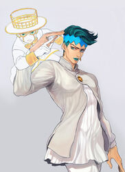  1boy commentary_request cowboy_shot earrings green_eyes green_hair green_lips headband heaven&#039;s_door jewelry jojo_no_kimyou_na_bouken kishibe_rohan lipstick macaroni_(piyo4508) makeup male_focus photoshop_(medium) stand_(jojo) 