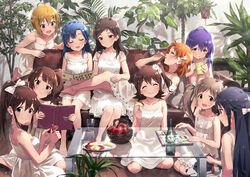  6+girls ^_^ ahoge apple apple_rabbit bare_shoulders barefoot basket black_hair blowing blowing_bubbles blue_eyes blue_hair book bottle bow braid breasts brown_eyes brown_hair bubble canine closed_eyes collarbone commentary couch cup dress drink drinking_glass eating flower food food_art fruit hair_flower hair_ornament hairbow hairclip hakozaki_serika hand_on_another&#039;s_thigh highres holding holding_book ibuki_tsubasa idolmaster idolmaster_million_live! kasuga_mirai kitazawa_shiho leaning_on_person legs_on_another&#039;s_lap long_hair looking_at_another medium_breasts mochizuki_anna mogami_shizuka multiple_girls nanao_yuriko peeling ponytail purple_hair rabbit reading red_eyes rose satake_minako side_ponytail sitting small_breasts smile soap_bubbles sonsoso twintails wariza white_bow white_dress white_flower white_rose yabuki_kana yokoyama_nao 