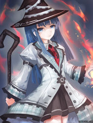  bad_id bad_pixiv_id blue_eyes blue_hair commentary_request female hat holding holding_staff long_hair looking_at_viewer mages. mole mole_under_eye necktie neptune_(series) photoshop_(medium) solo staff suterisu witch_hat 