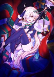  ahoge ass bell black_gloves black_thighhighs blonde_hair blush box capelet commentary_request elbow_gloves fate/grand_order fate_(series) female flag fur_trim gift gift_box gloves hair_ribbon headpiece jeanne_d&#039;arc_alter_santa_lily_(fate) koto_suomi long_hair looking_at_viewer open_mouth ribbon salute shoes sitting solo teeth thighhighs white_capelet yellow_eyes 