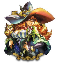  big_hat bird breasts cleavage curly_hair erect_nipples female female george_kamitani glasses grand_knights_history hat large_breasts long_hair muse_cromwell official_art orange_hair owl purple_eyes ring shawl simple_background solo vanillaware witch witch_hat 