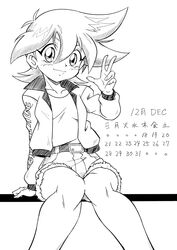  bakuten_shoot_beyblade beyblade female legs looking_at_viewer monochrome short_hair short_shorts shorts sitting smile tachibana_hiromi v 