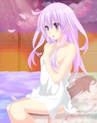  absurdres blush breasts commentary derivative_work english_commentary female highres long_hair naked_towel nepgear neptune_(series) onsen open_mouth petals planeptune purple_hair small_breasts smile solo steam towel 