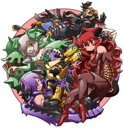  5girls armor armored_dress bad_id bad_tumblr_id cable collage faulds fingernails hair_over_one_eye helmet highres humanoid_robot leaf long_hair maou_beluzel matsuda_yuusuke monster_girl multiple_girls nise_maou_dokuzeru nise_maou_kanizeru nise_maou_kikaizeru nise_maou_sukaraberu plant plant_girl purple_hair red_eyes red_hair revision robot sharp_fingernails shiny_skin silver_hair skirt staff venus_flytrap visor yuusha_to_maou 