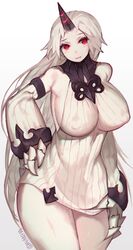  armwear big_breasts blush breasts claws clothed clothing curvy_figure detached_sleeves erect_nipples female hair harbour_princess hi_res horn humanoid hybrid kantai_collection long_hair machine monster mukka nipple_outline nipples not_furry red_eyes shinkaisei-kan solo tight_clothing voluptuous white_hair 