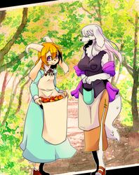  big_breasts blonde_hair bovid breasts canid canine canis caprine clothed clothing domestic_dog duo female fur goat hair hybrid kemono mammal powderkona purple_eyes tan_body tan_fur white_body white_fur white_hair 