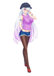  :d absurdres adjusting_eyewear arm_behind_back armband bad_id bad_pixiv_id bare_shoulders black_hat blue_hair blue_shorts bracelet breasts brown_pantyhose cabbie_hat commentary_request denim denim_shorts female full_body glasses gradient_hair groin hair_over_one_eye hand_up hat high_heels highres impossible_clothes impossible_vest jewelry large_breasts long_hair looking_at_viewer midriff multicolored_hair navel open_mouth pantyhose pantyhose_under_shorts photoshop_(medium) pink_hair pixiv&#039;s_virtual_youtuber_audition purple_eyes purple_vest red-framed_eyewear red_footwear semi-rimless_eyewear short_shorts shorts sidelocks simple_background smile solo standing taut_clothes very_long_hair vest virtual_youtuber white_background wristband yuunagi_(0217) 