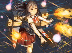  brown_eyes commentary_request doraxi female firing grey_hair kantai_collection long_hair machinery no_headwear photoshop_(medium) pola_(kancolle) red_skirt skirt solo thighhighs turret water white_thighhighs 