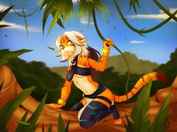  anthro avoid_posting bottomwear breasts clothing cloud collar felid female footwear forest green_eyes jungle legwear loincloth mammal midriff outside pantherine plant sky socks solo tiger toeless_footwear toeless_socks tree under_boob yuurikin 