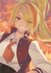  azuki_(aduki) bad_id bad_twitter_id blonde_hair collarbone commentary_request earrings eyes_visible_through_hair female grin hair_over_one_eye jacket jewelry letterman_jacket light_green_hair long_hair looking_at_viewer multicolored_hair necktie nikaidou_saki orange_eyes orange_hair ponytail smile solo streaked_hair stud_earrings sunset wing_collar zombie_land_saga 