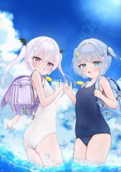  2girls absurdres ass backpack bag beach blue_eyes blue_hair blue_one-piece_swimsuit blush breasts chawata_(tjtt3452) cloud covered_navel crime_prevention_buzzer fish_hair_ornament hair_ornament hairclip highres long_hair looking_at_viewer multiple_girls ocean old_school_swimsuit one-piece_swimsuit open_mouth original outdoors pink_eyes randoseru school_swimsuit short_hair sky small_breasts star_(symbol) star_hair_ornament sun swimsuit thighs twintails wading water white_hair white_one-piece_swimsuit wing_hair_ornament 